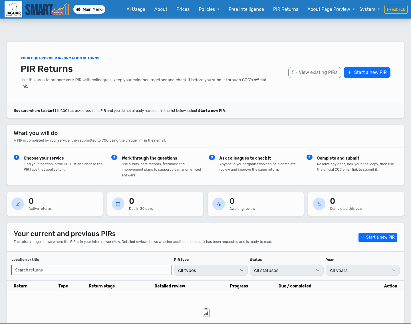 Current Smart Care Intel PIR Returns screen