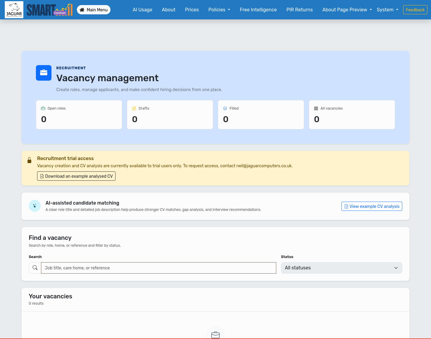 Current Smart Care Intel vacancy management screen